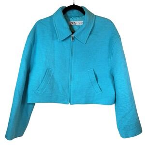 ZARA Jacket Small‎ Bloggers Fave Tweed Bomber Style Blue Turquoise Viral